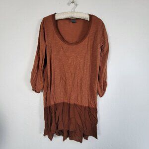 Left Of Center Womens Rust Brown Roll-Tab Sleeve Back Buttons Tunic Top Medium